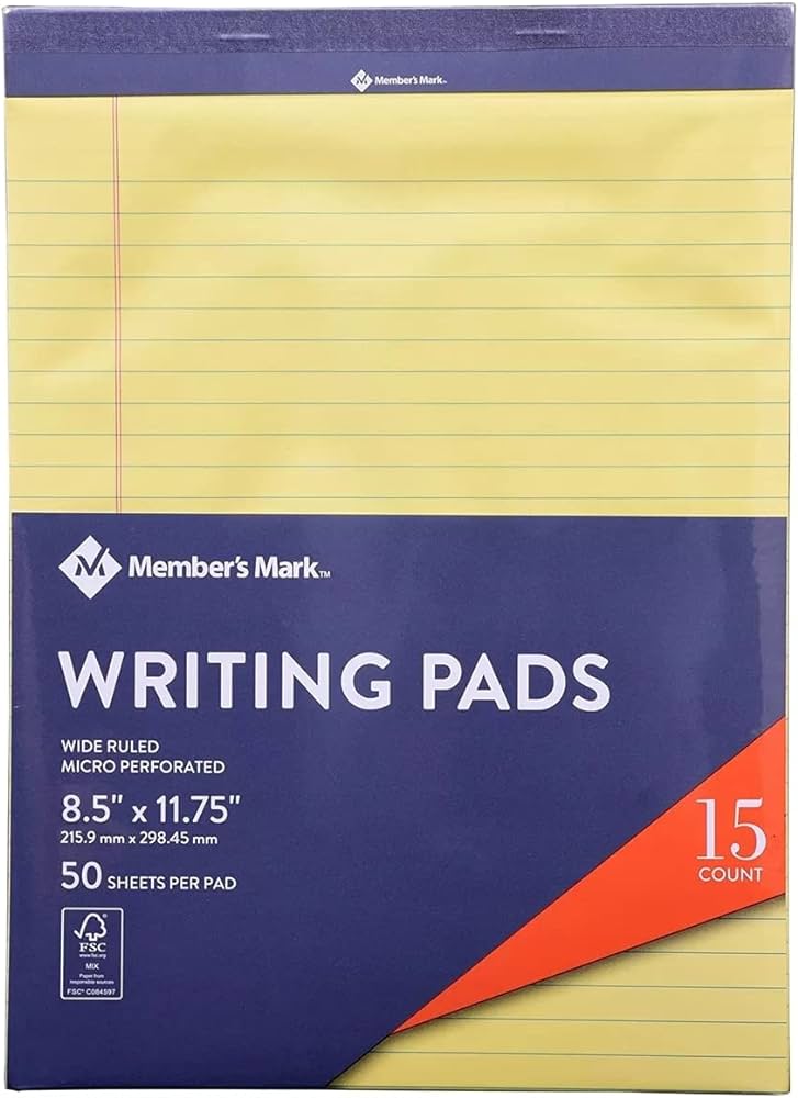 Members Mark Writing Pads Yellow 8.5"x11" 15pk