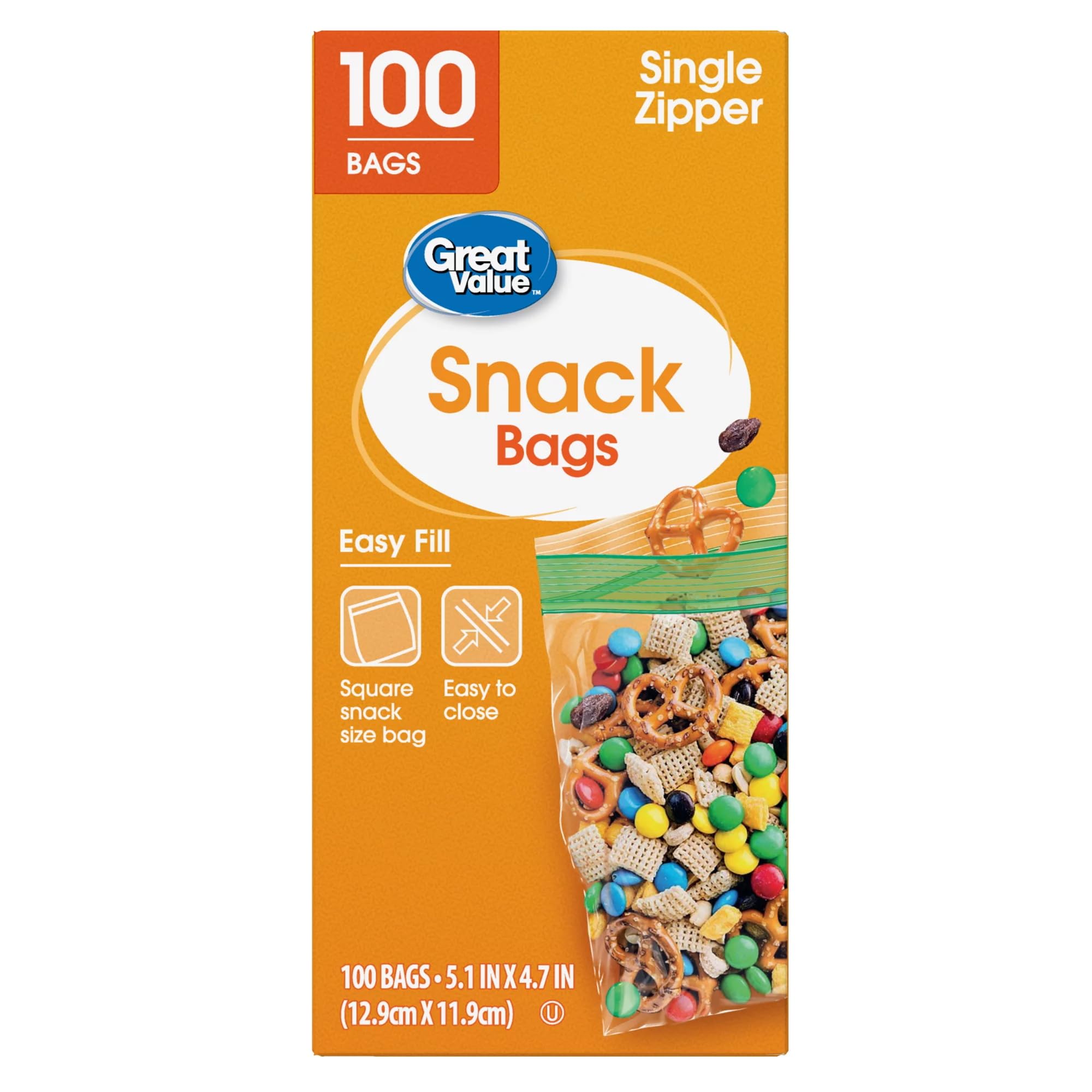 Great Value Bags Zipper Square Snack 100pk