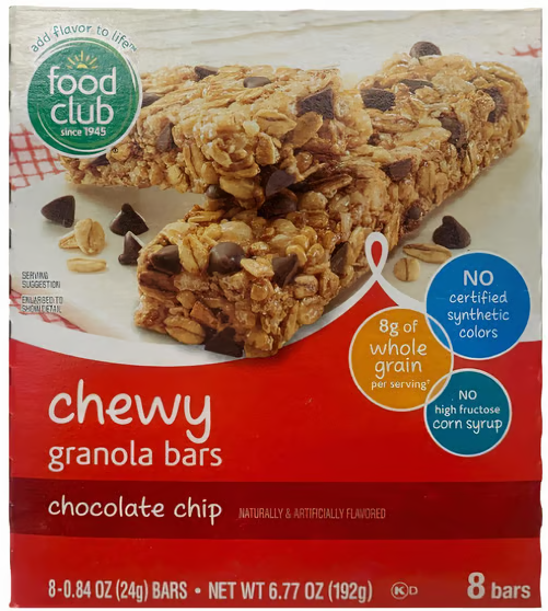 Food Club Granola Bars Chewy Chocolate Chip 8pk