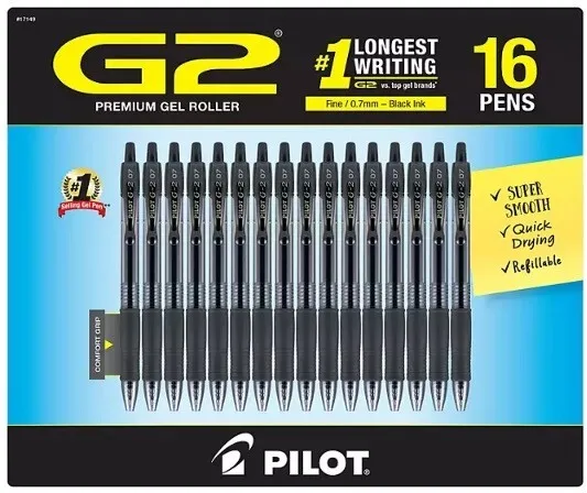 Pilot Gel Pens G2 Retractable Roller Ball Black Ink .7 Fine 16ct