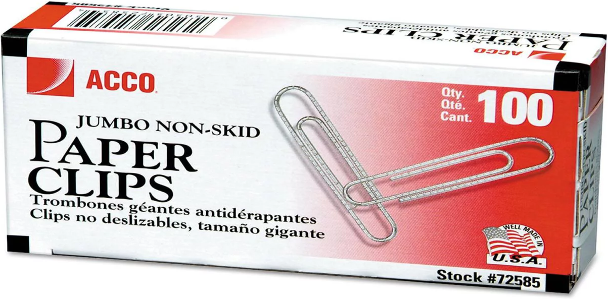 Acco Paper Clips Jumbo Non Skid 100pk 1bx