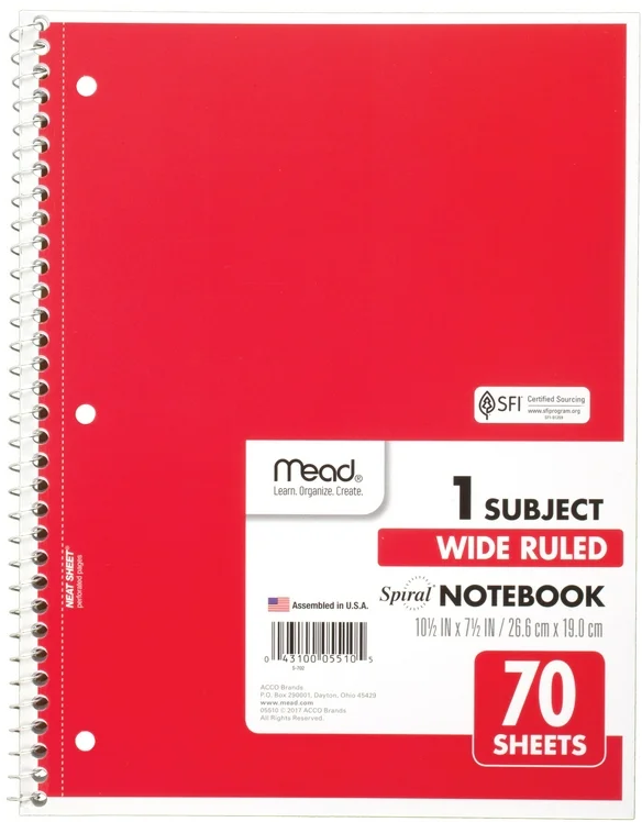 Mead Wired Notebook Wide Ruled 70sheets