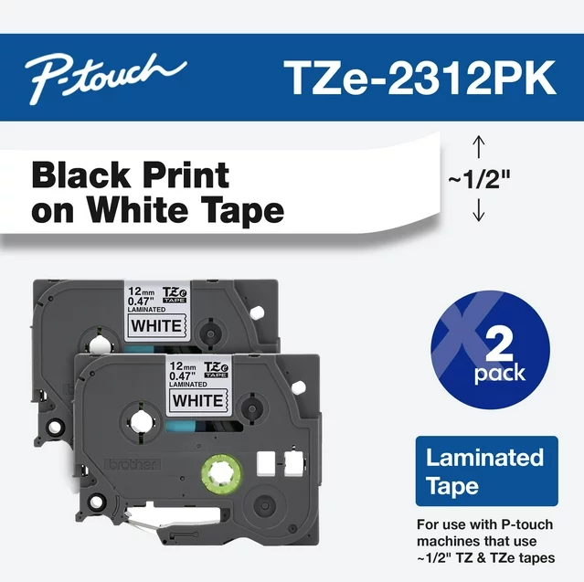 Brother Tape Black Print On White 0.47"x26.2' 2pk